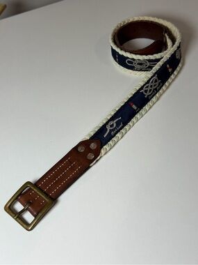 Polo Ralph Lauren 32W RARE Nautical Rope-Trim Leather Belt Preppy Canvas Trad